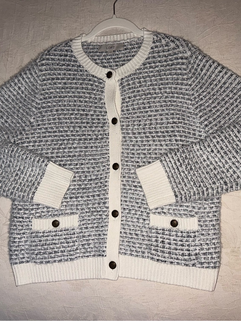 LOFT Cream and Light Gray Chunky Knit Button Cardigan